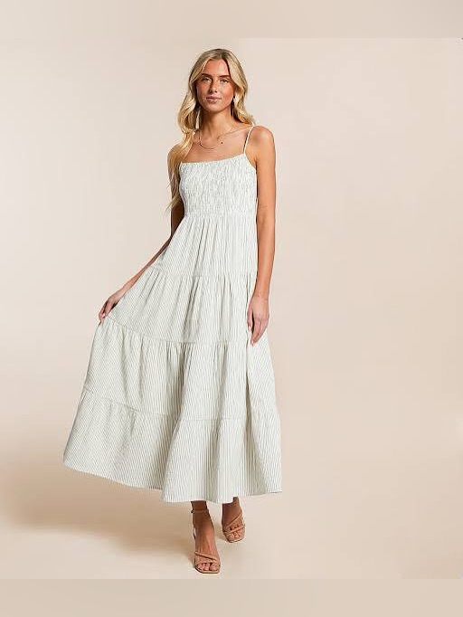 Z Supply Balos Striped Smocked Tiered Maxi Dress In Light Cream Nwt Sz Med